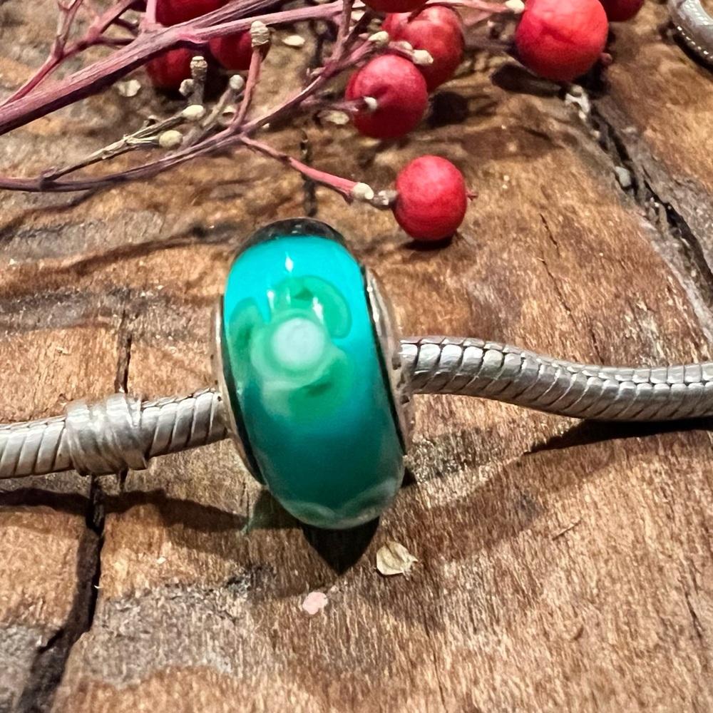 HTF Authentic Pandora Murano Flowers For You Teal Charm Glass Bead Spring Floral